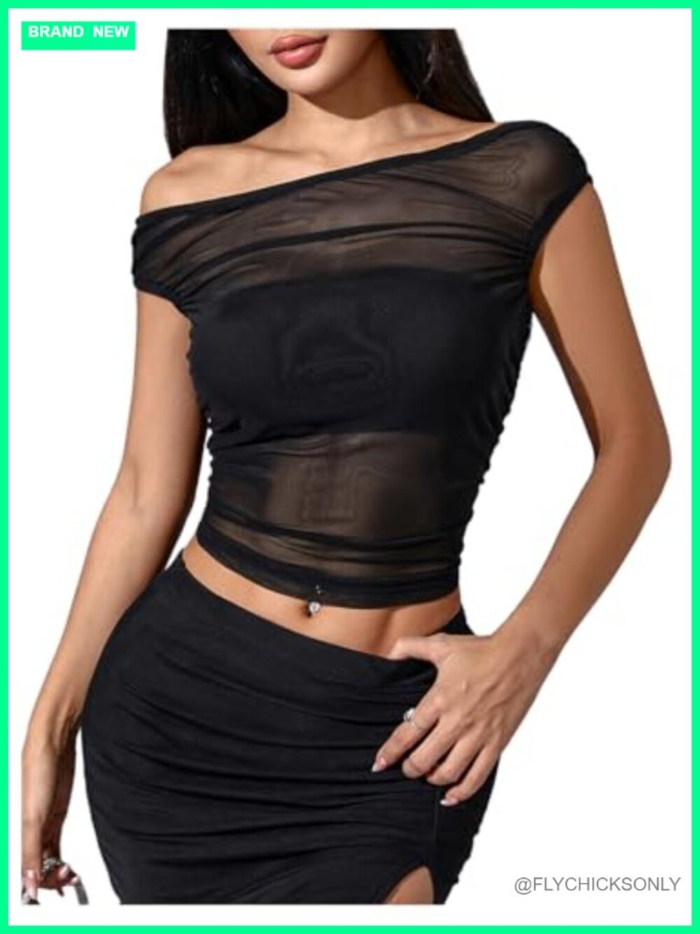 Off Shoulder Sheer Mesh Crop Top & Bodycon Mini Skirt 2 Piece Set